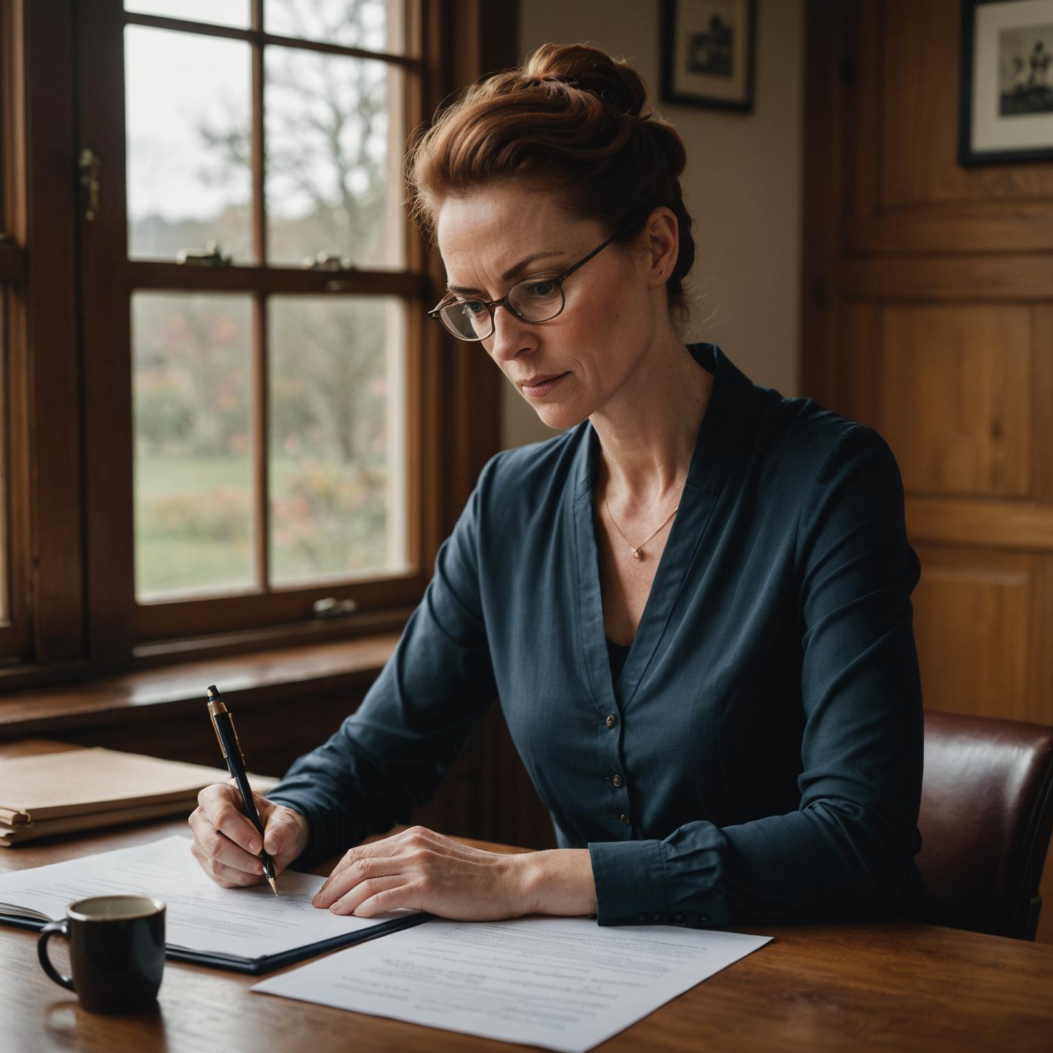 A serious-looking woman comparing engagement letters at a desk